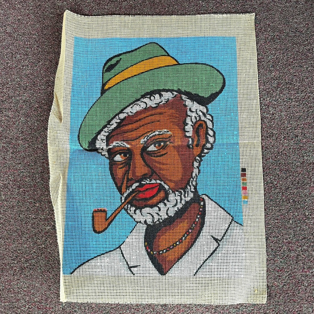 Vintage Printed Needlepoint Canvas 16x20 Black Man Portrait Pipe Hat 9 Mesh